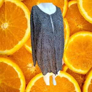 Sweet Sue Beaded Sequin Black Silk‎ Cardigan Jacket Evening Party Top M